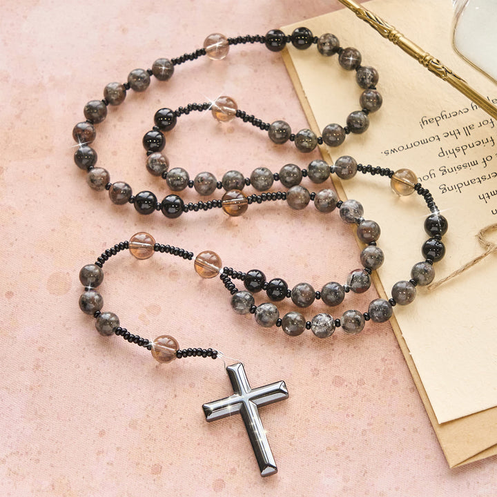 Rosario con perline di pietra fiammeggiante luminosa cangiante Christianartworkshop e croce - image 6