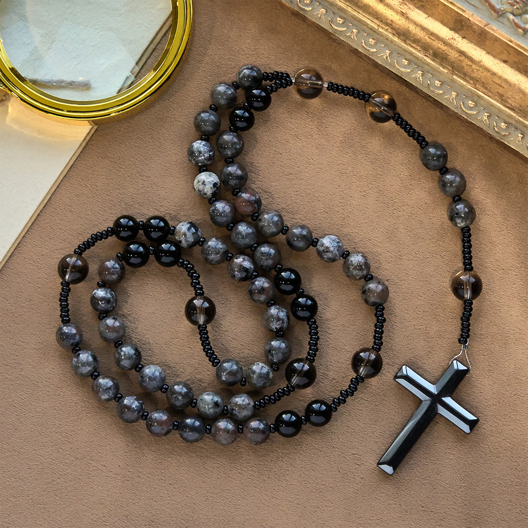 Rosario con perline di pietra fiammeggiante luminosa cangiante Christianartworkshop e croce - image 11