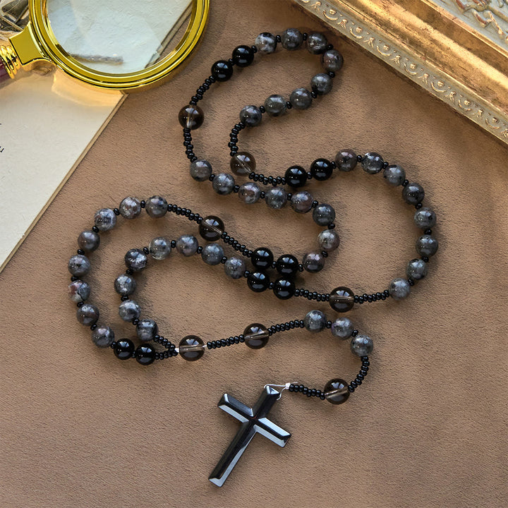 Rosario con perline di pietra fiammeggiante luminosa cangiante Christianartworkshop e croce - image 8