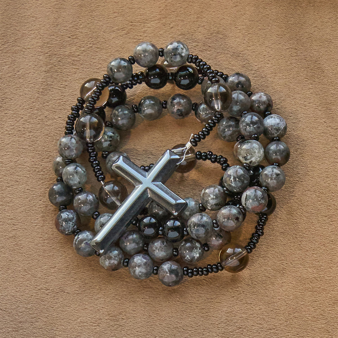 Rosario con perline di pietra fiammeggiante luminosa cangiante Christianartworkshop e croce - image 9
