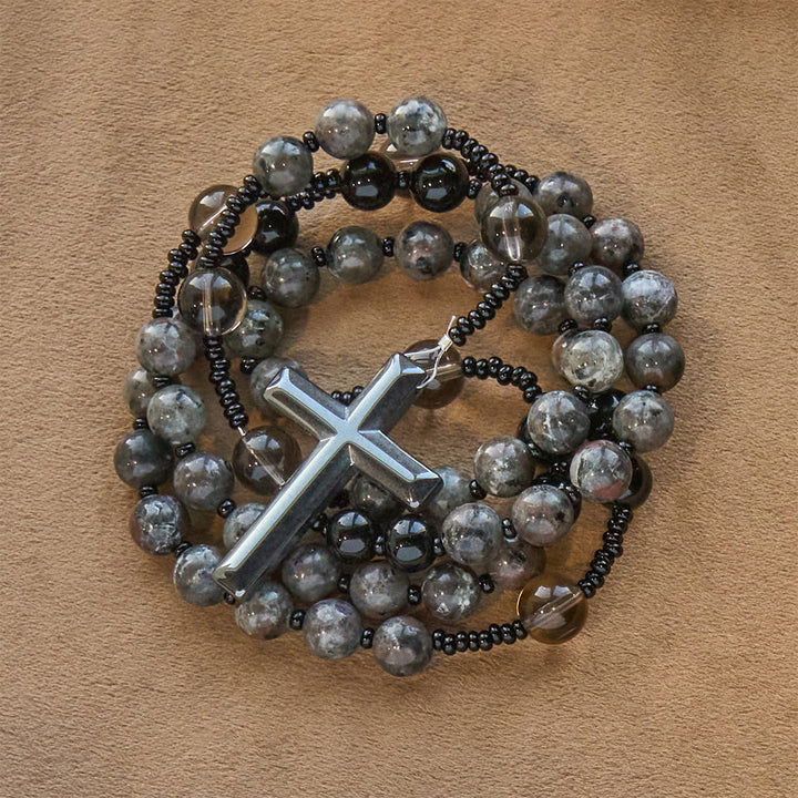 Rosario con perline di pietra fiammeggiante luminosa cangiante Christianartworkshop e croce - image 9