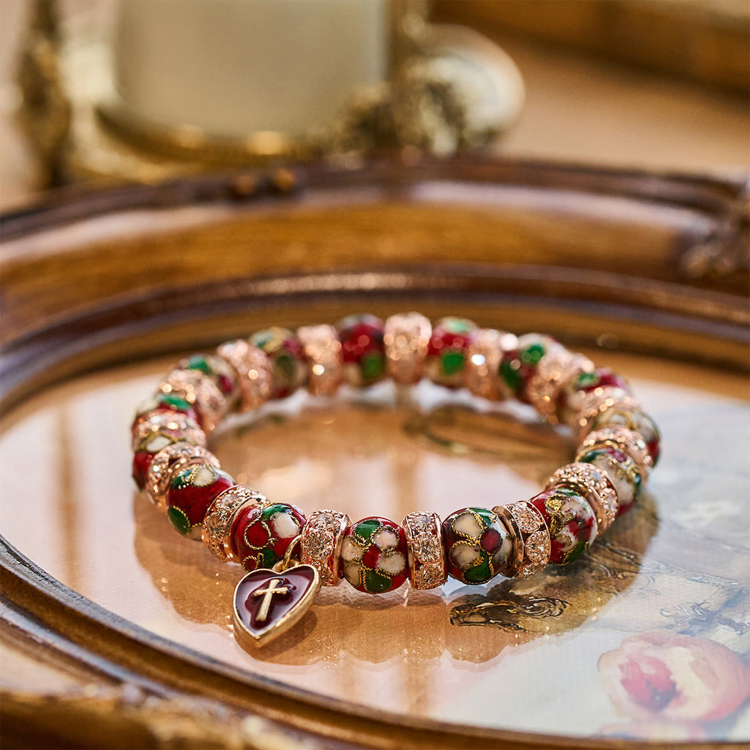 Bracciale artigianale in smalto rosso con perline e ciondolo a forma di cuore con croce di Christianartworkshop - image 2