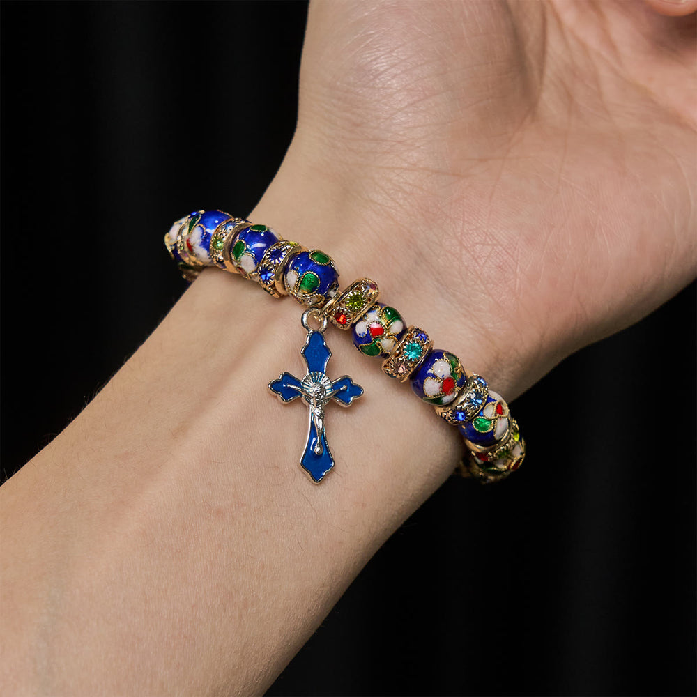 Christianartworkshop Bracciale con perline cloisonné blu dettagliate e crocifisso - image 1