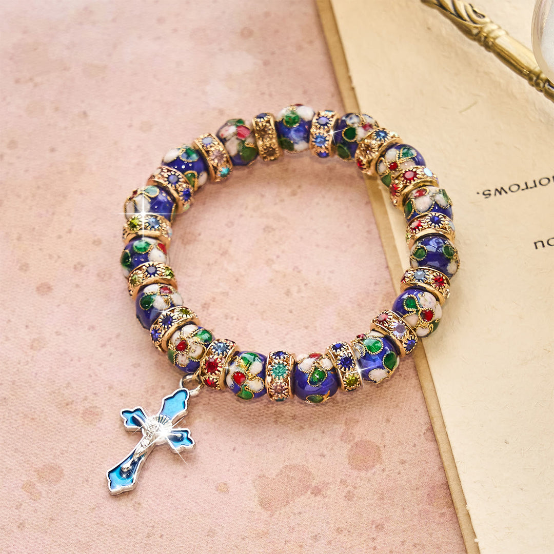 Christianartworkshop Bracciale con perline cloisonné blu dettagliate e crocifisso - Circonferenza del polso: 8,86"/22,5 cm - image 0
