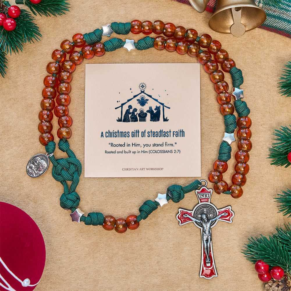Christianartworkshop Regalo di Natale: Rosario natalizio con perline color ambra e paracord verde con medaglia della Sacra Famiglia - Un regalo di Natale di fede incrollabile - image 0