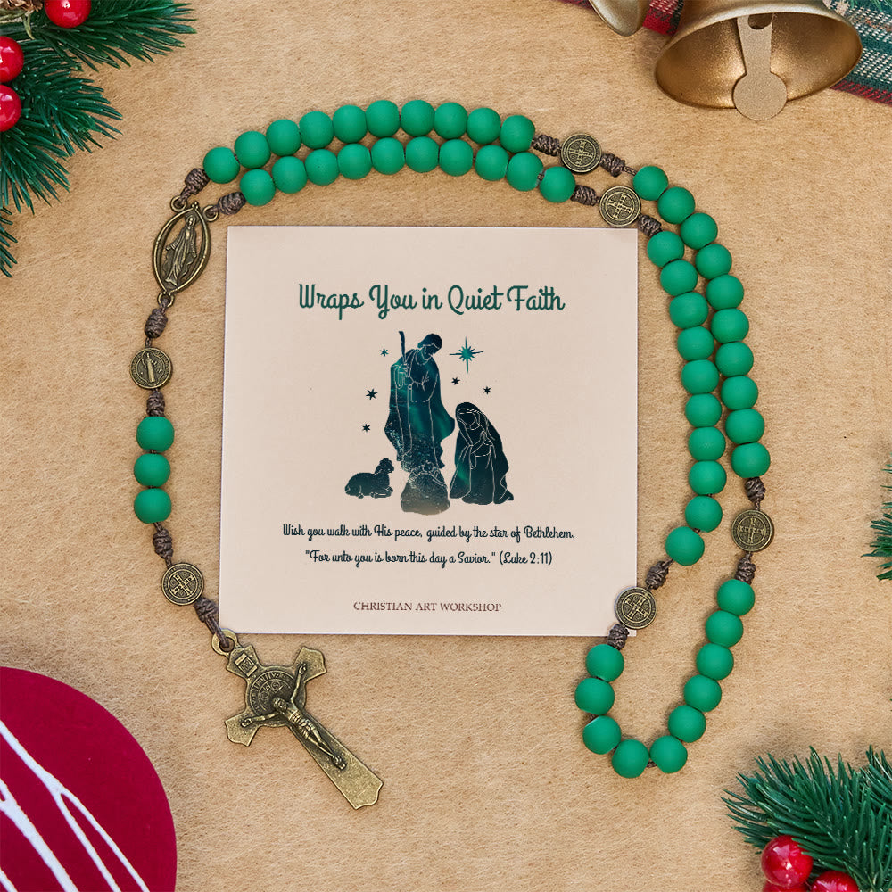 Christianartworkshop Regalo di Natale: Rosario con grani di gomma verde opaco e protezione di San Benedetto - Ti avvolge in una fede silenziosa - image 0