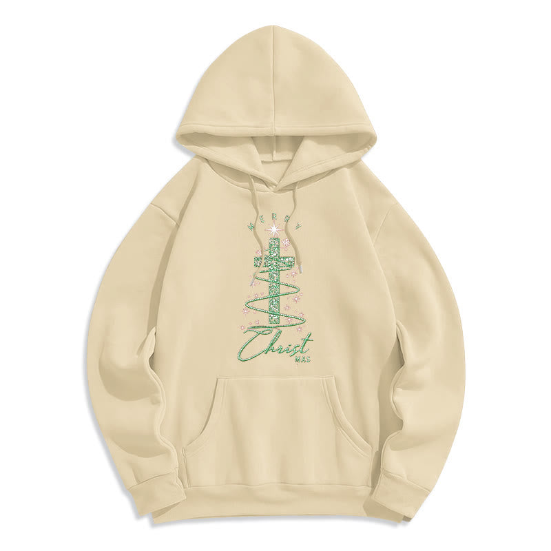 Felpa con cappuccio in poliestere foderata in pile a forma di albero di Natale a forma di croce scintillante di Christianartworkshop - Beige - 2XL - image 5
