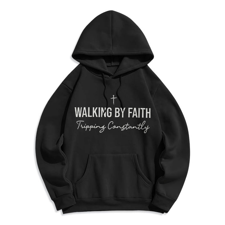 Felpa con cappuccio in poliestere foderata in pile "Walking By Faith" di Christianartworkshop - Nero - 2XL - image 6