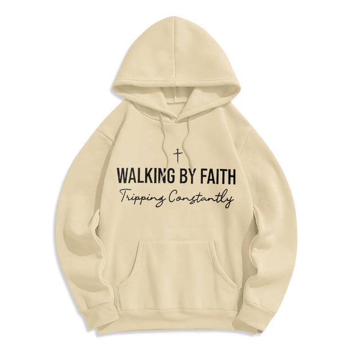 Felpa con cappuccio in poliestere foderata in pile "Walking By Faith" di Christianartworkshop - Beige - 2XL - image 2