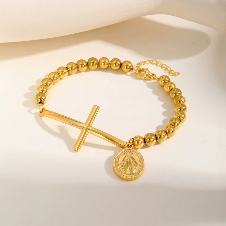 Bracciale con perline a forma di croce e Madonna Christianartworkshop : simbolo spirituale dall'eleganza raffinata - D'oro - image 3