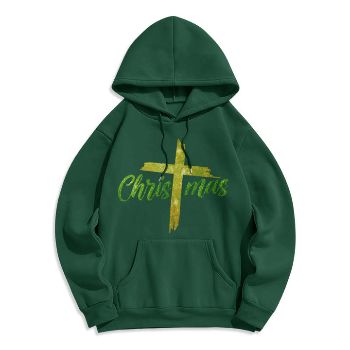 Christianartworkshop Felpa con cappuccio in poliestere foderata in pile natalizio con croce - Verde - 2XL - image 5