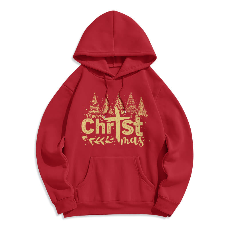 Christianartworkshop Felpa con cappuccio in poliestere foderata in pile con scritta "Croce, Albero di Natale e Fede" - Rosso - 2XL - image 0