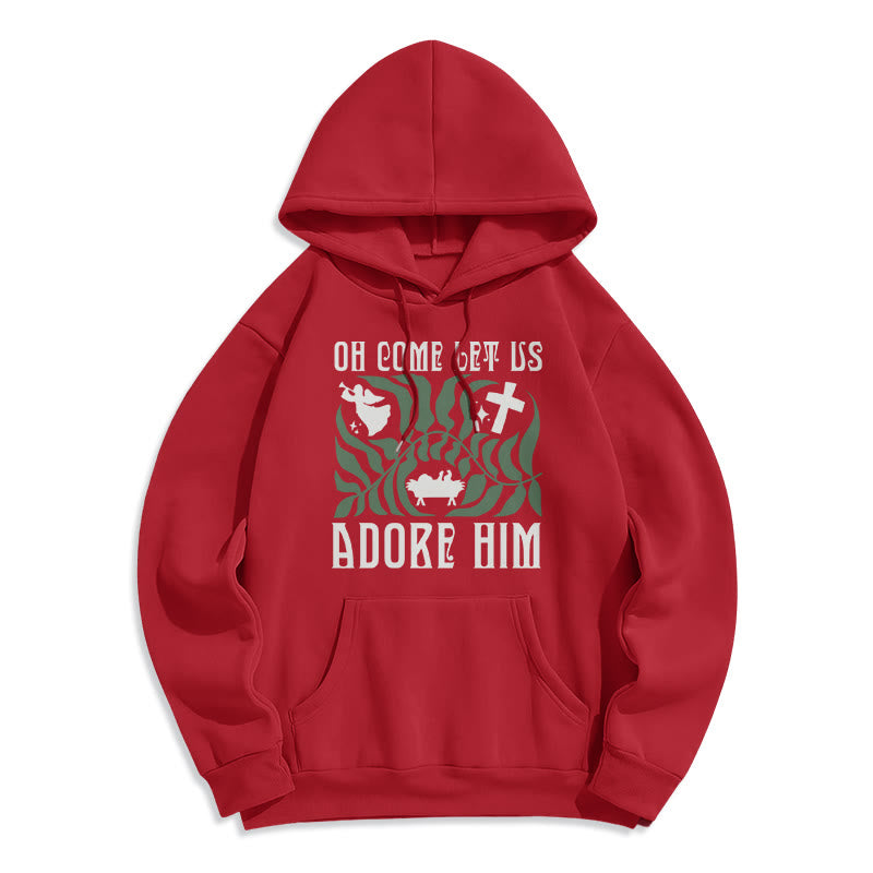 Christianartworkshop Oh Come Let Us Adore Him Christmas Tree Faith Felpa con cappuccio in poliestere foderata in pile - Rosso - 2XL - image 2