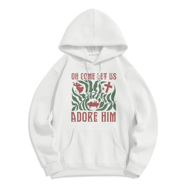 Christianartworkshop Oh Come Let Us Adore Him Christmas Tree Faith Felpa con cappuccio in poliestere foderata in pile - Bianco - 2XL - image 6