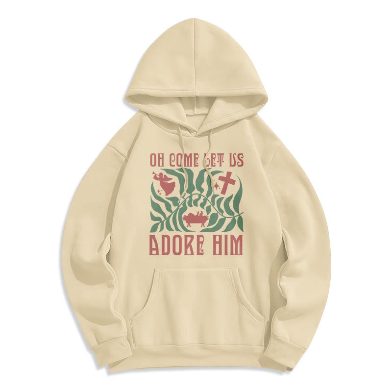 Christianartworkshop Oh Come Let Us Adore Him Christmas Tree Faith Felpa con cappuccio in poliestere foderata in pile - Beige - 2XL - image 4