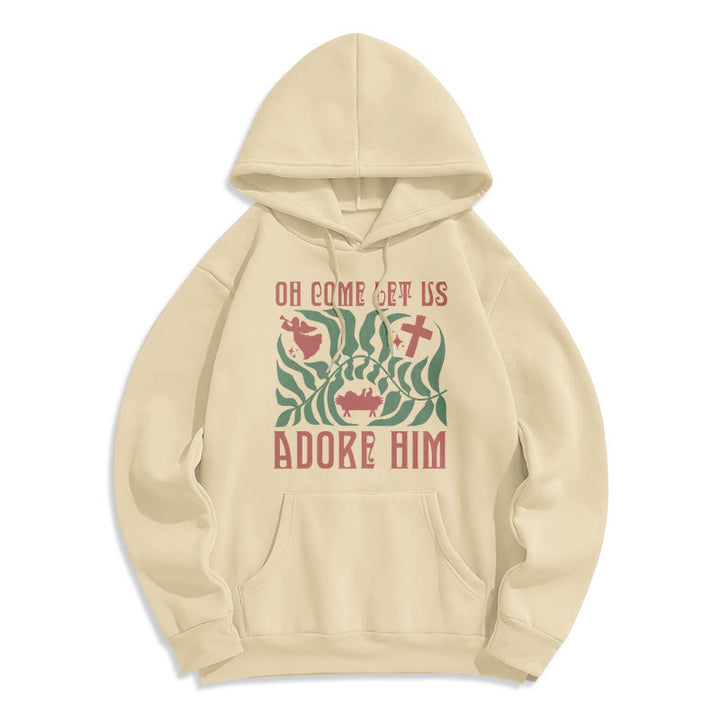 Christianartworkshop Oh Come Let Us Adore Him Christmas Tree Faith Felpa con cappuccio in poliestere foderata in pile - Beige - 2XL - image 4