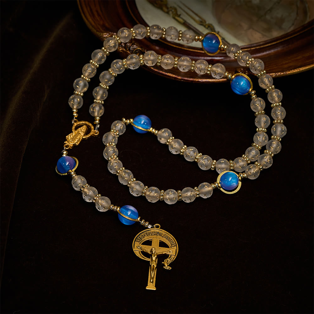 Rosario Christianartworkshop con perle bianche opache a forma di stella e blu mare con occhio di gatto: guida silenziosa per la devozione quotidiana - Rosario stella bianco opaco - image 0