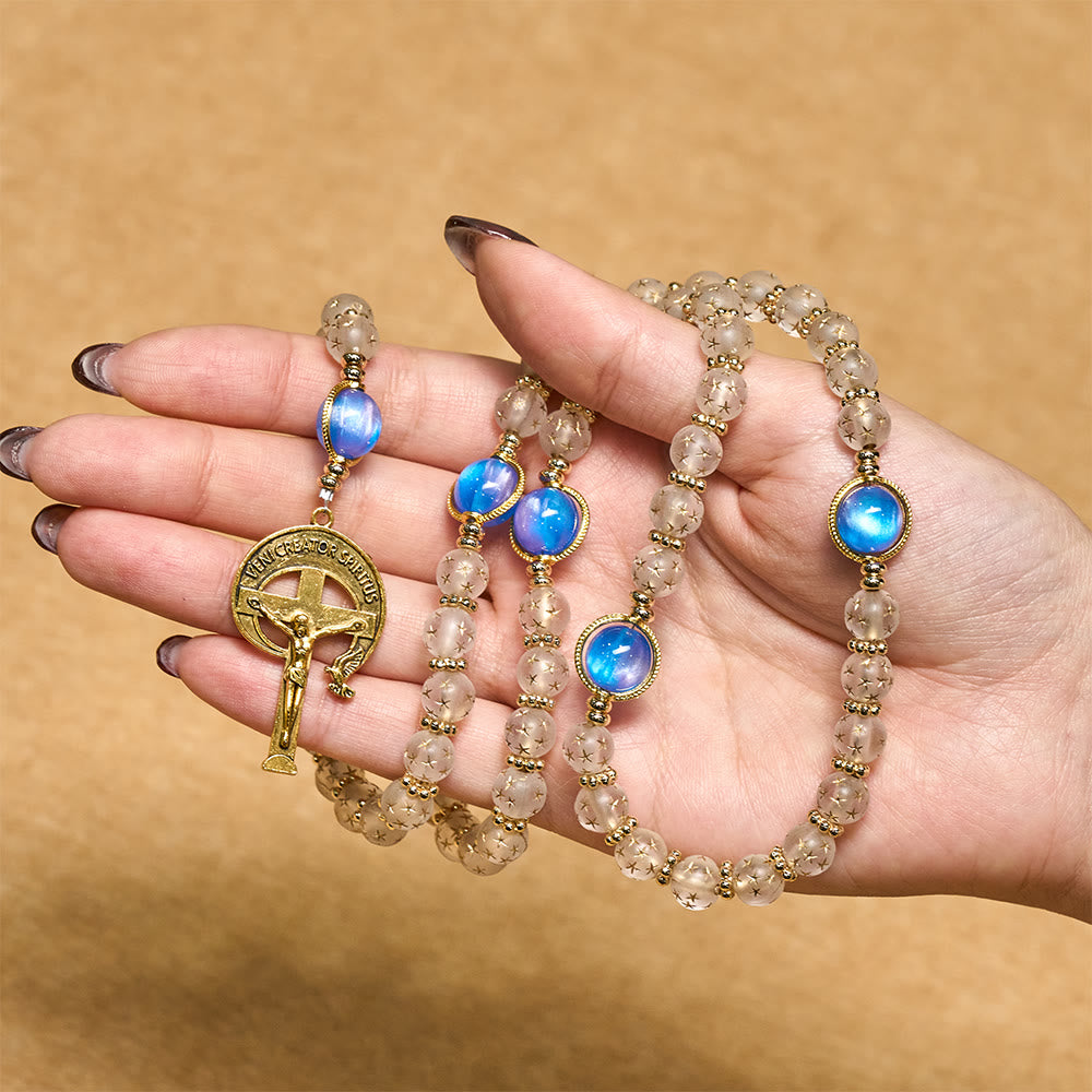 Rosario Christianartworkshop con perle bianche opache a forma di stella e blu mare con occhio di gatto: guida silenziosa per la devozione quotidiana - image 1