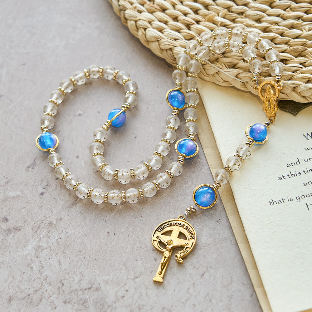 Rosario Christianartworkshop con perle bianche opache a forma di stella e blu mare con occhio di gatto: guida silenziosa per la devozione quotidiana - image 3