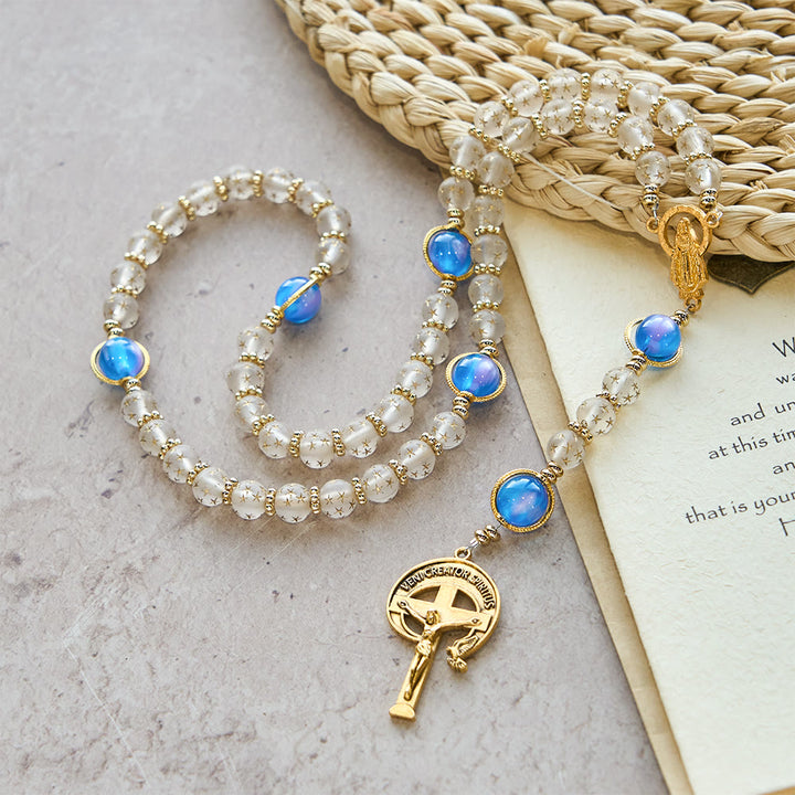 Rosario Christianartworkshop con perle bianche opache a forma di stella e blu mare con occhio di gatto: guida silenziosa per la devozione quotidiana - image 3