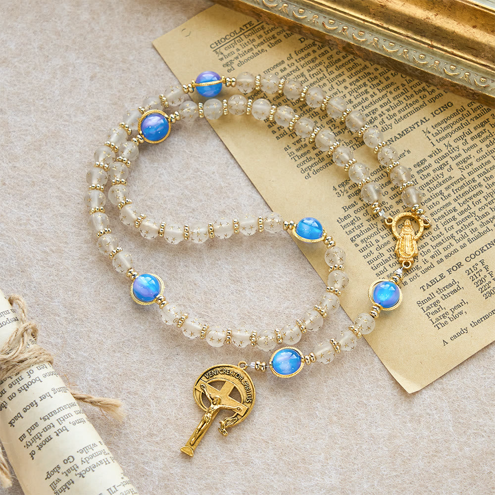 Rosario Christianartworkshop con perle bianche opache a forma di stella e blu mare con occhio di gatto: guida silenziosa per la devozione quotidiana - image 6