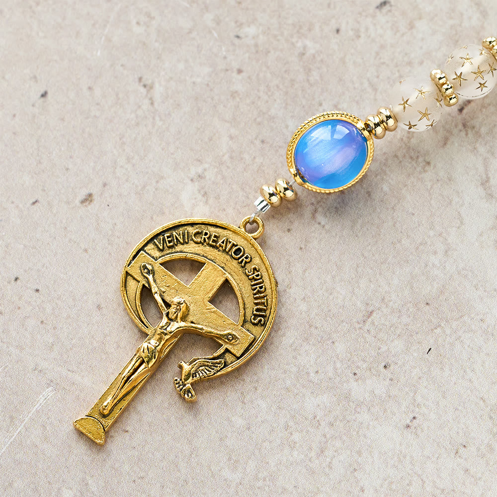 Rosario Christianartworkshop con perle bianche opache a forma di stella e blu mare con occhio di gatto: guida silenziosa per la devozione quotidiana - image 9