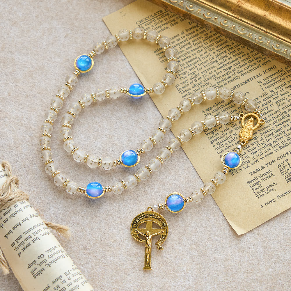 Rosario Christianartworkshop con perle bianche opache a forma di stella e blu mare con occhio di gatto: guida silenziosa per la devozione quotidiana - image 5