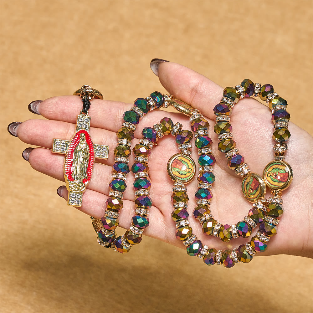 Christianartworkshop Rosario con grani di poliedro iridescente e croce della Madonna: promemoria di grazia costante - image 1