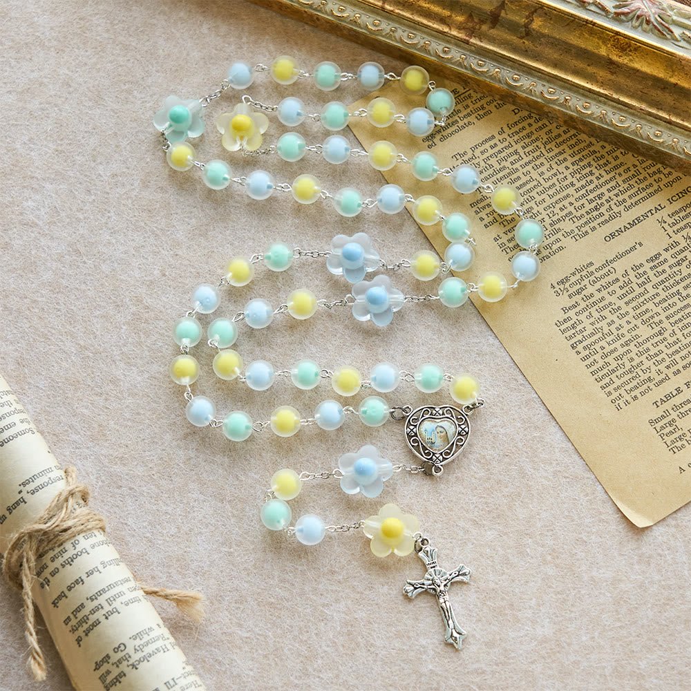 Christianartworkshop Rosario pasquale floreale pastello con medaglia a forma di cuore di Gesù: rosari per un regalo primaverile - Rosario floreale - image 0
