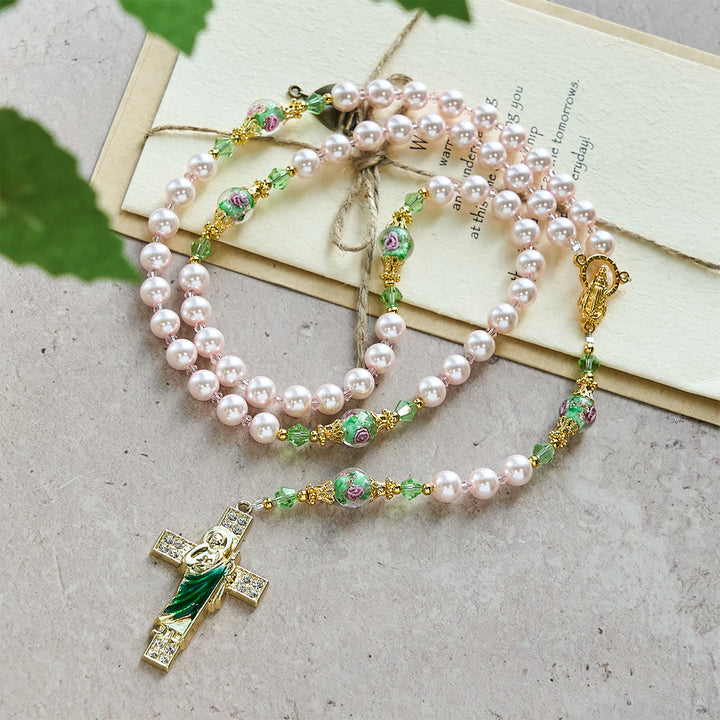 Christianartworkshop Rosario devozionale di San Benedetto con perline rosa celestiali e perline floreali di grazia sacra - Nostra Signora e San Benedetto - image 0