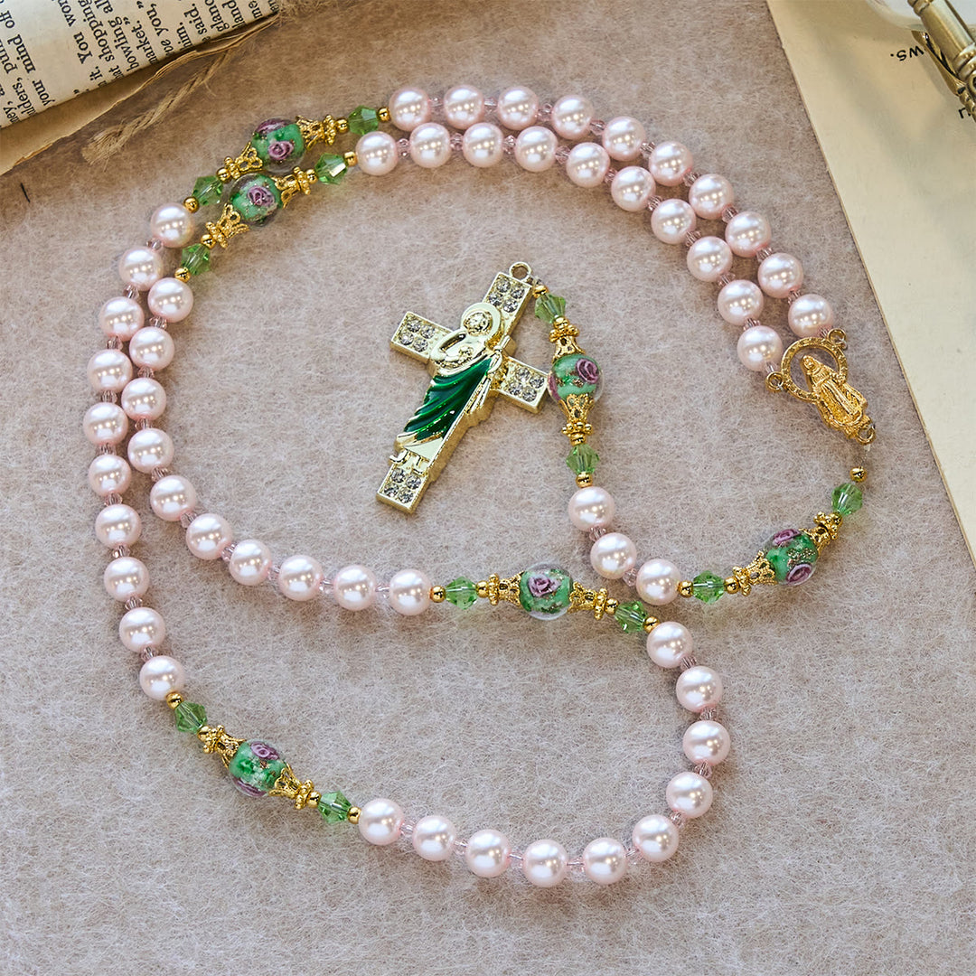 Christianartworkshop Rosario devozionale di San Giuda con grani rosa celestiali e grani floreali di grazia sacra - image 2