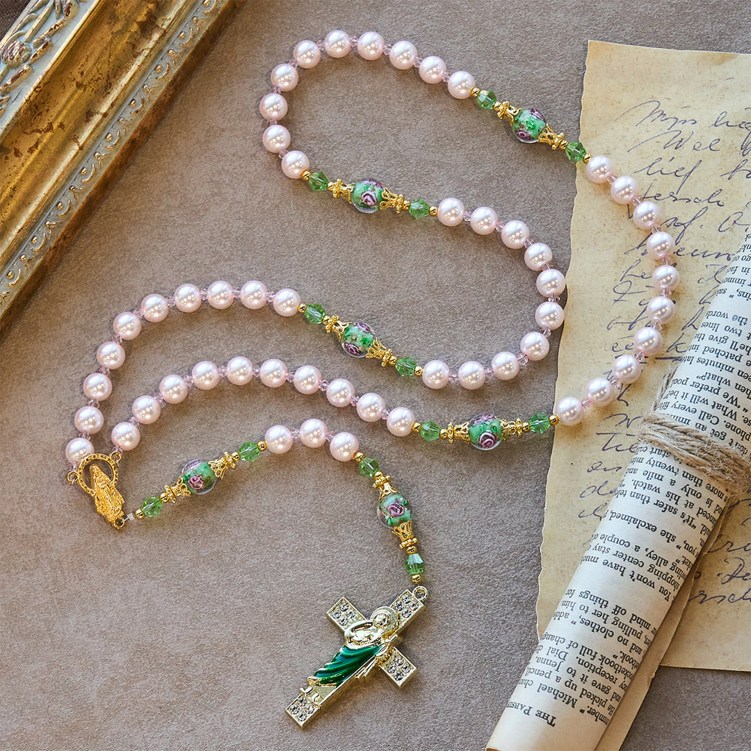Christianartworkshop Rosario devozionale di San Giuda con grani rosa celestiali e grani floreali di grazia sacra - image 6