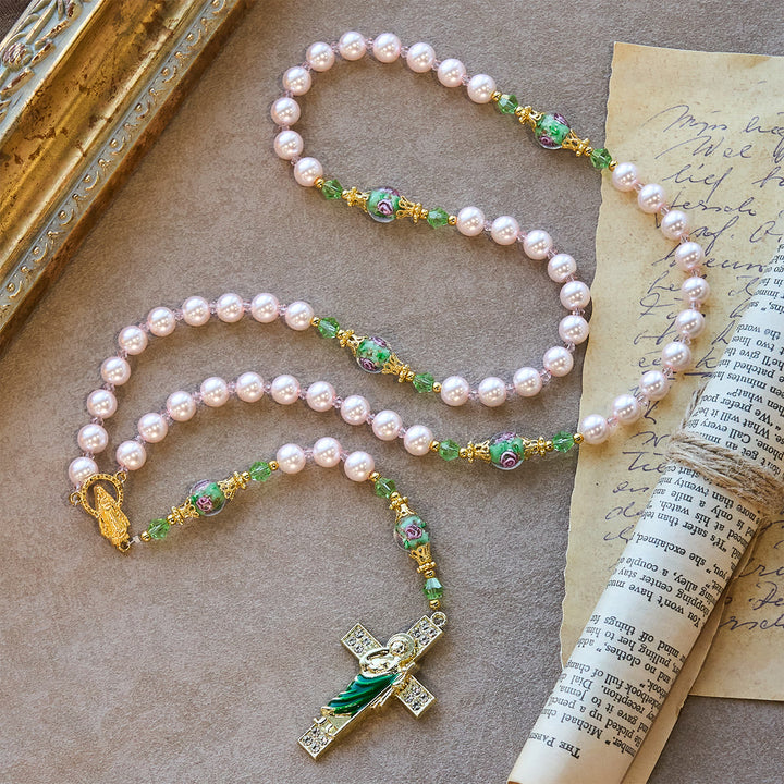 Christianartworkshop Rosario devozionale di San Giuda con grani rosa celestiali e grani floreali di grazia sacra - image 6