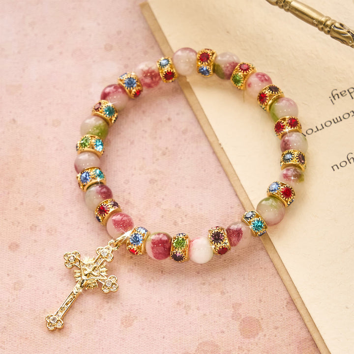 Christianartworkshop Bracciale devozionale scintillante in tormalina con crocifisso dorato decorato - image 1