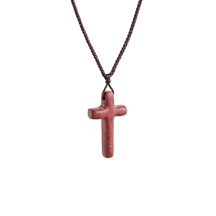 Collana con croce in legno di sandalo rosso realizzata a mano da Christianartworkshop: semplice devozione, da indossare tutti i giorni - 3 cm (bordo rotondo) - image 8