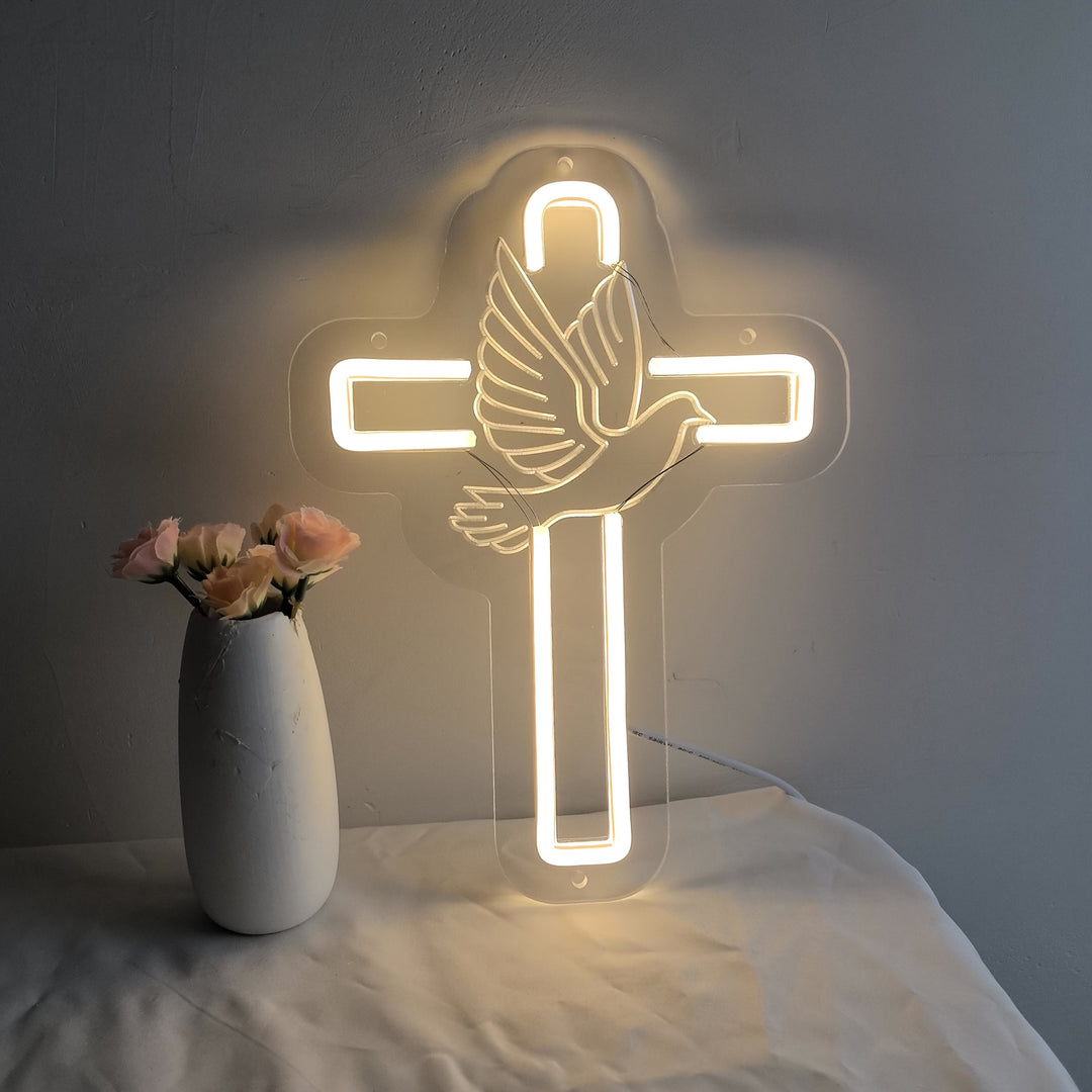 Christianartworkshop Croce luminosa con decorazione al neon a forma di colomba: simbolo di grazia divina per gli interni della casa - Luce della Croce - image 0