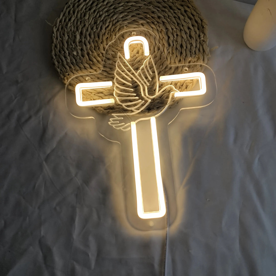 Christianartworkshop Croce luminosa con decorazione al neon a forma di colomba: simbolo di grazia divina per gli interni della casa - image 3