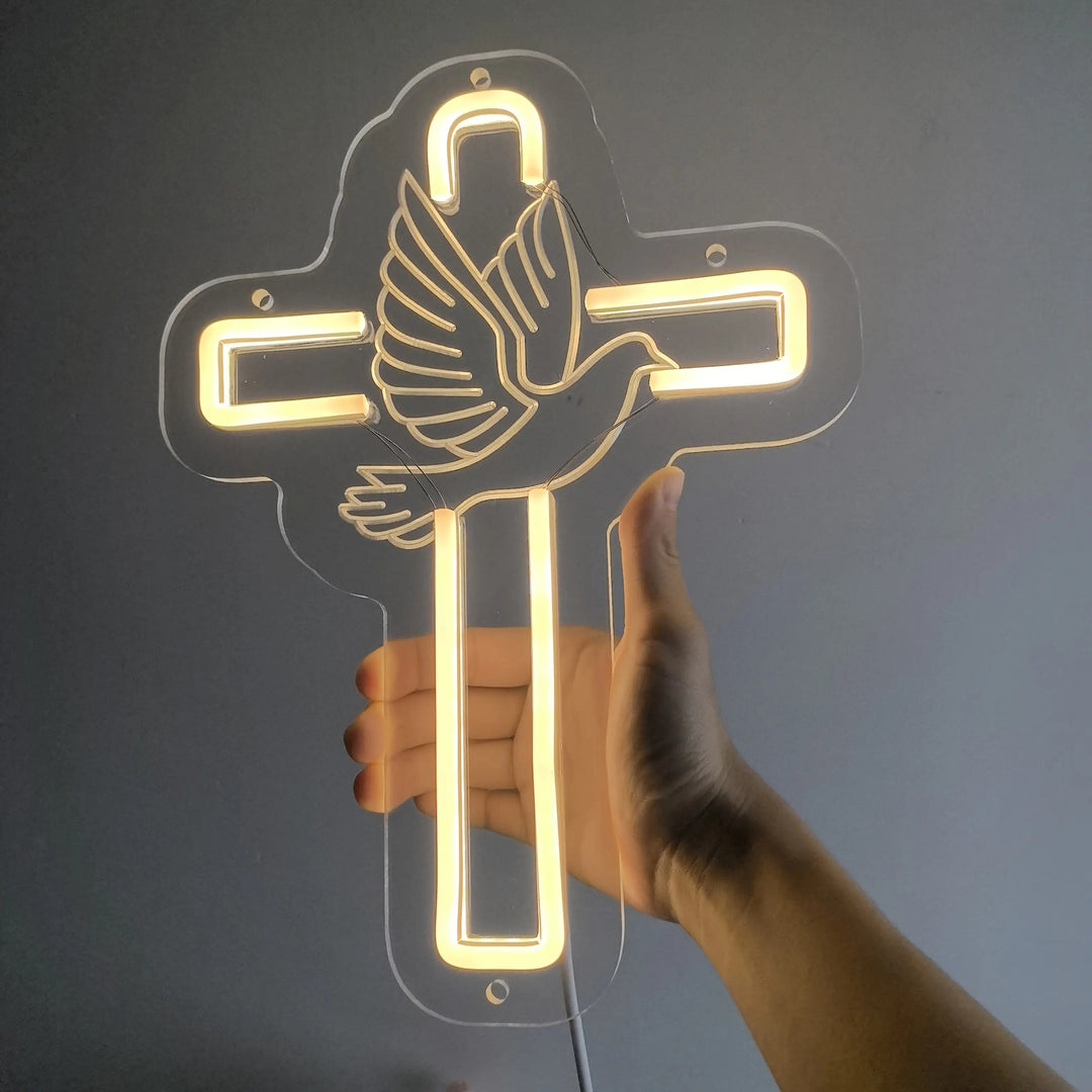 Christianartworkshop Croce luminosa con decorazione al neon a forma di colomba: simbolo di grazia divina per gli interni della casa - image 2