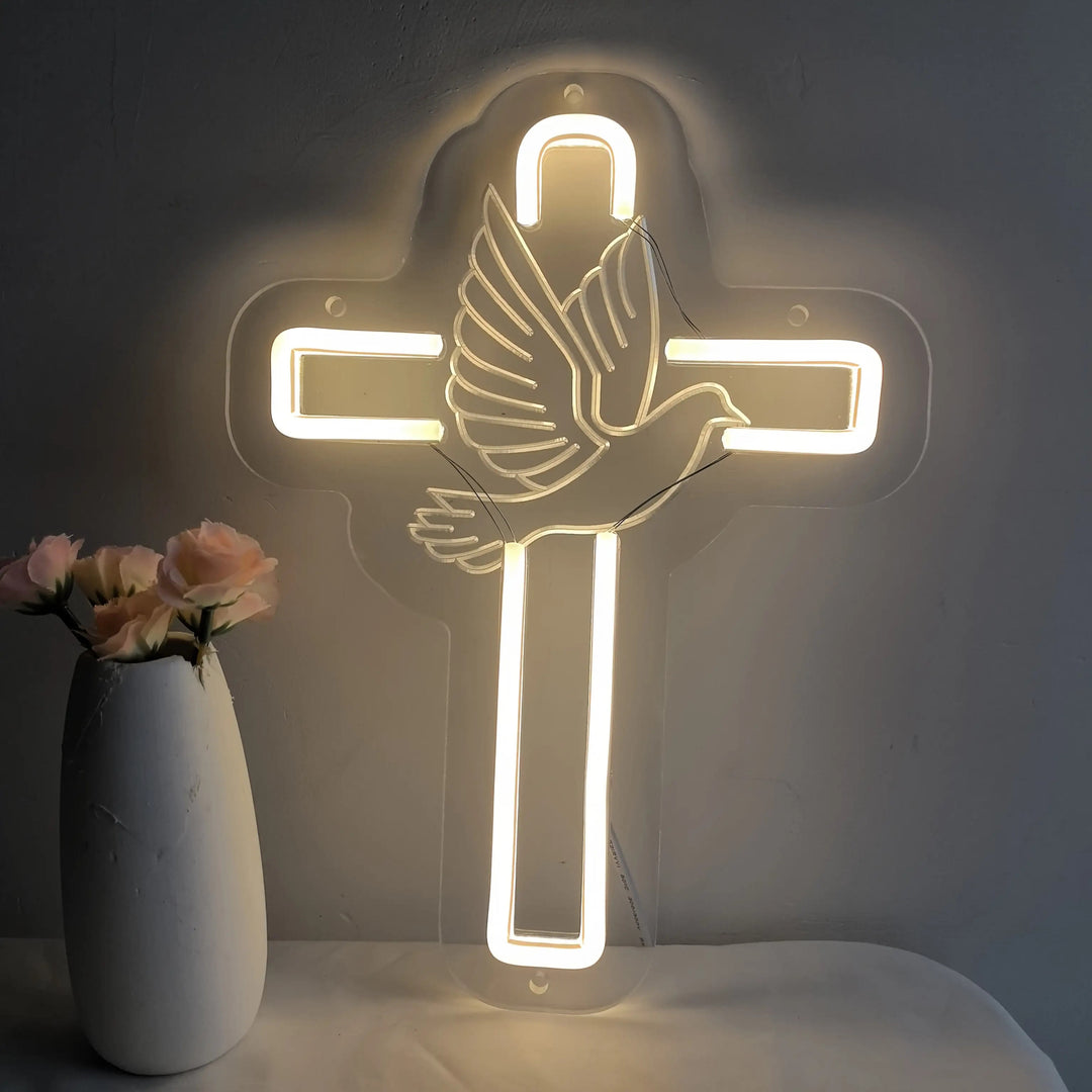 Christianartworkshop Croce luminosa con decorazione al neon a forma di colomba: simbolo di grazia divina per gli interni della casa - image 1