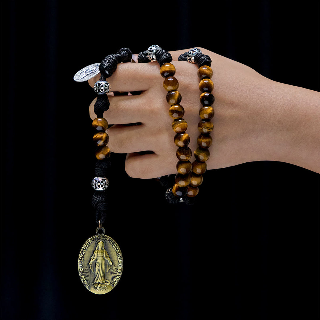 Christianartworkshop Rosario in paracord incentrato sulla Madonna: perle in occhio di tigre e medaglia Timeless Grace - Pietra occhio di tigre - image 0
