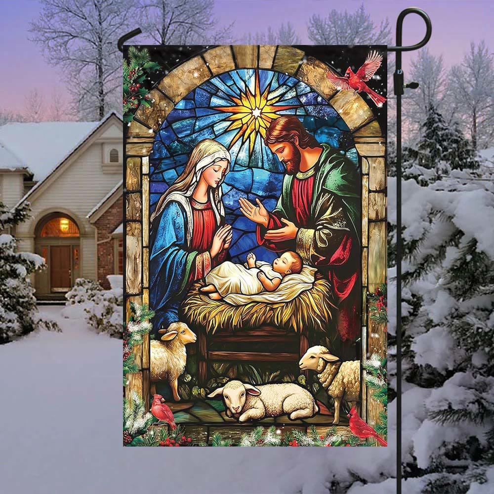 Bandiera da giardino con natività e pecore di Christianartworkshop: un delicato simbolo di grazia per i giardini delle feste - UN - 90×150 cm (3×5 piedi) - image 0