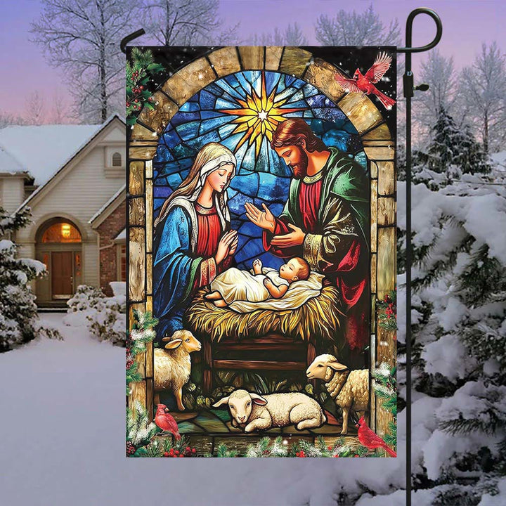 Bandiera da giardino con natività e pecore di Christianartworkshop: un delicato simbolo di grazia per i giardini delle feste - UN - 90×150 cm (3×5 piedi) - image 0
