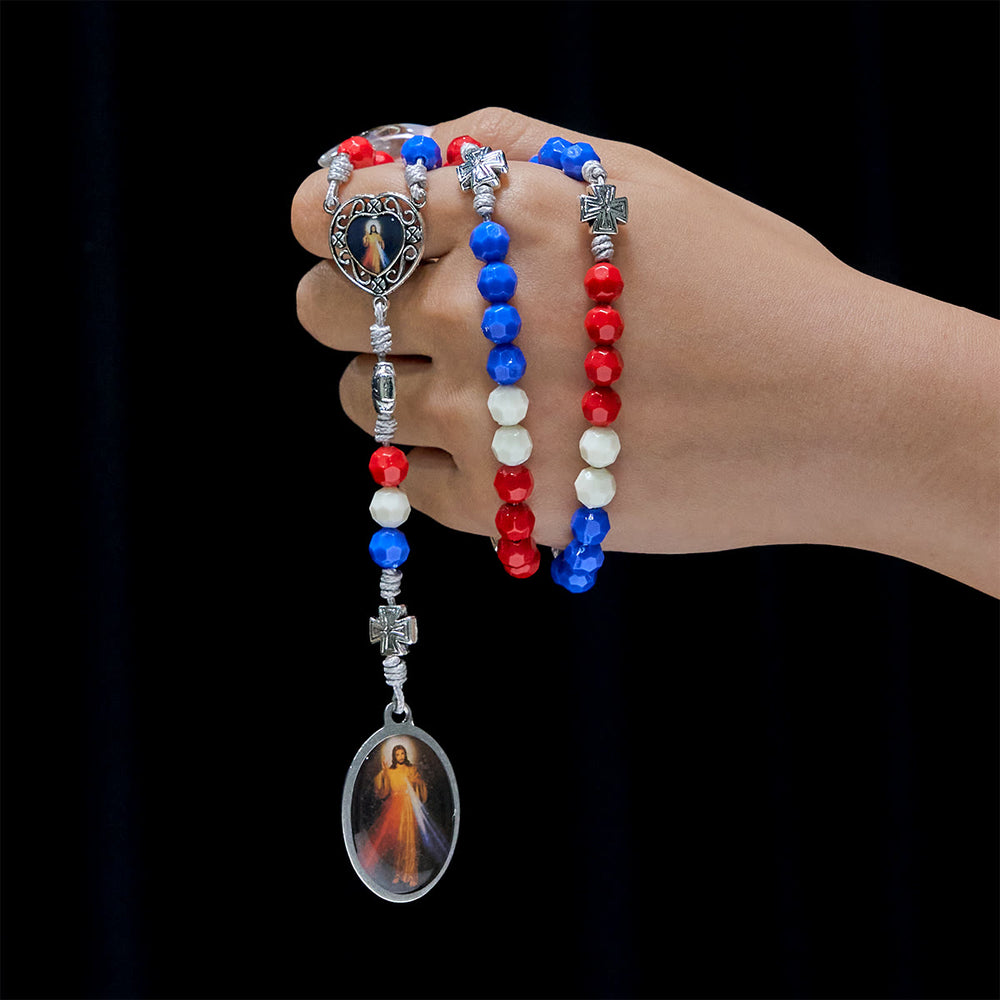 Christianartworkshop Rosario devozionale tricolore patriottico con la medaglia sacra della Madonna e della Divina Misericordia - image 1