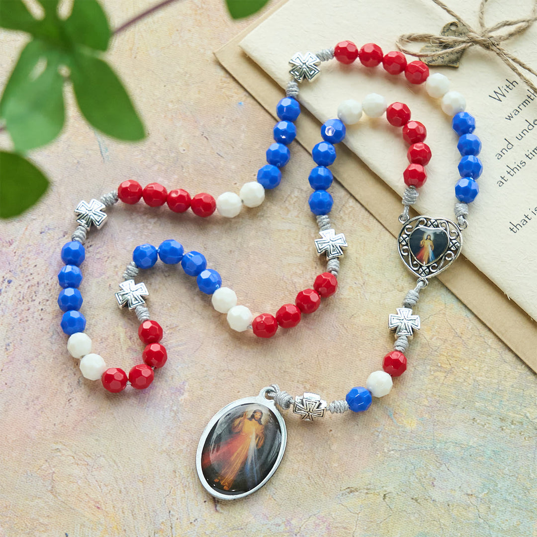 Christianartworkshop Rosario devozionale tricolore patriottico con la medaglia sacra della Madonna e della Divina Misericordia - Nostra Signora e Divina Misericordia - image 0