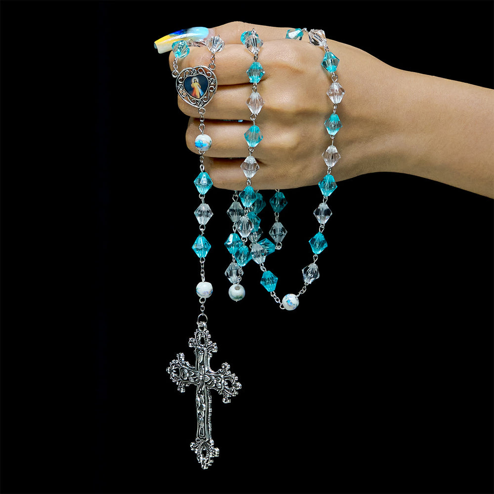 Christianartworkshop Rosario devozionale benedetto Aqua e bianco con ciondolo a forma di cuore della Madonna: unisci luce e fede - image 1