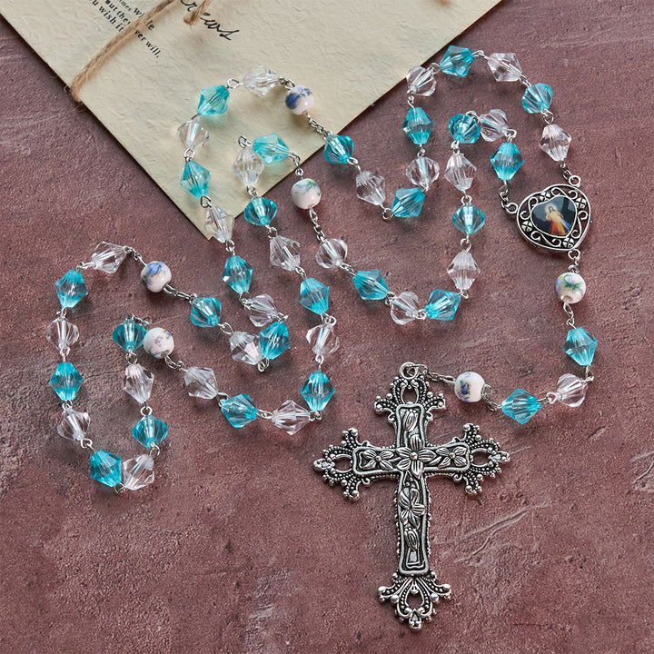 Christianartworkshop Rosario devozionale benedetto Aqua e bianco con ciondolo a forma di cuore della Madonna: unisci luce e fede - Acqua e bianco - image 0