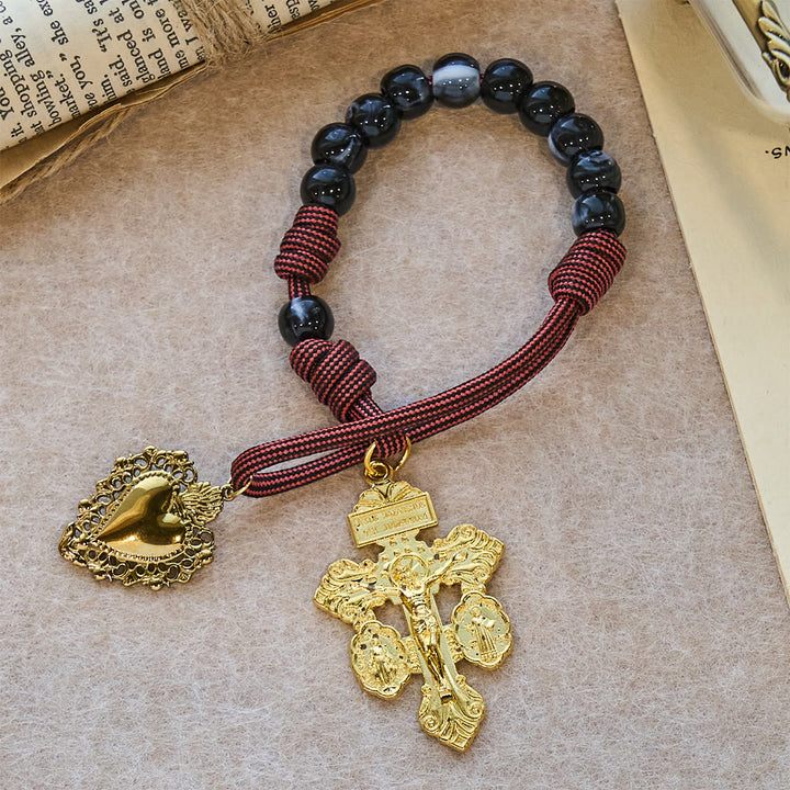 Rosario tascabile portatile Christianartworkshop: grani neri, cordino intrecciato e ciondolo sacro dorato - Rosario tascabile - image 0