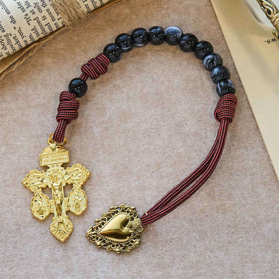 Rosario tascabile portatile Christianartworkshop: grani neri, cordino intrecciato e ciondolo sacro dorato - image 6