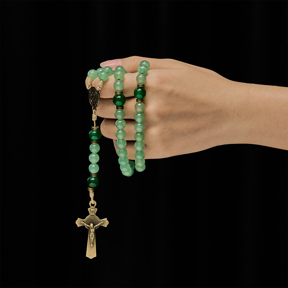 Rosario in avventurina verde benedetta Christianartworkshop : perle di giada e ciondolo del guardiano di San Benedetto - image 1
