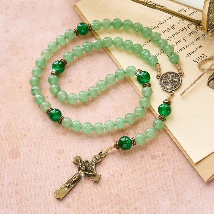 Rosario in avventurina verde benedetta Christianartworkshop : perle di giada e ciondolo del guardiano di San Benedetto - image 2